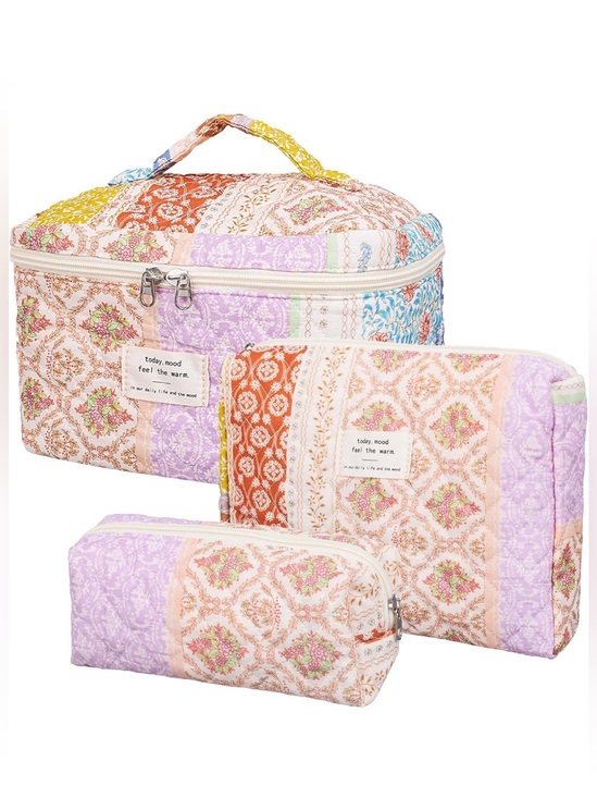Amazon Handbags - NWT Quilted Patchwork Travel Cosmetic Bag Set - Pastel Multicolor